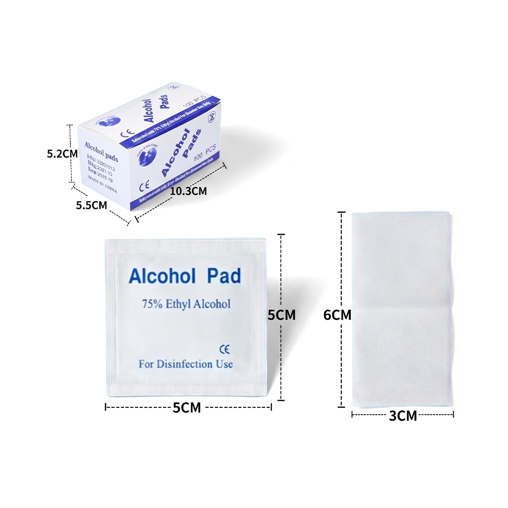 100 sztuk/pudło, 3 cm x 6 cm, duże, pakowane pojedynczo podkładki do przygotowywania alkoholu 75%