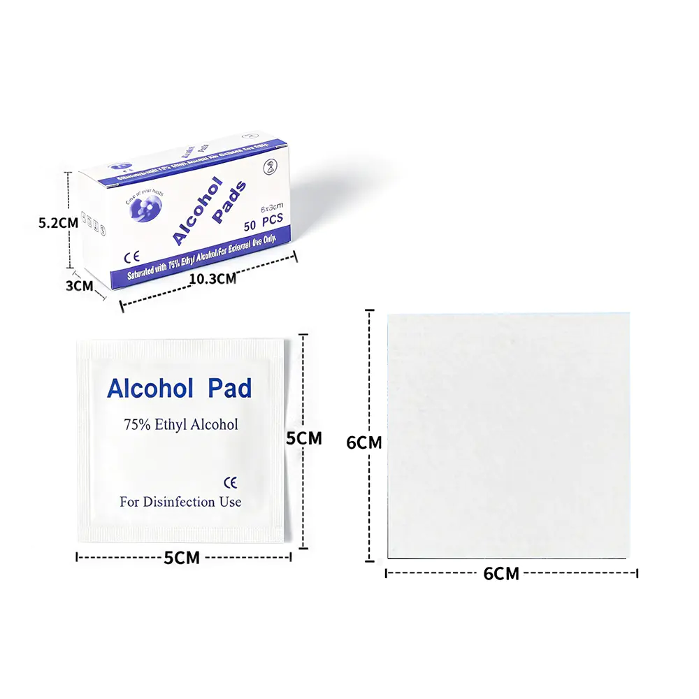 50 sztuk/pudło Premium, pojedynczo pakowane, 6 x 6 cm, 75% płatki na bazie alkoholu etylowego